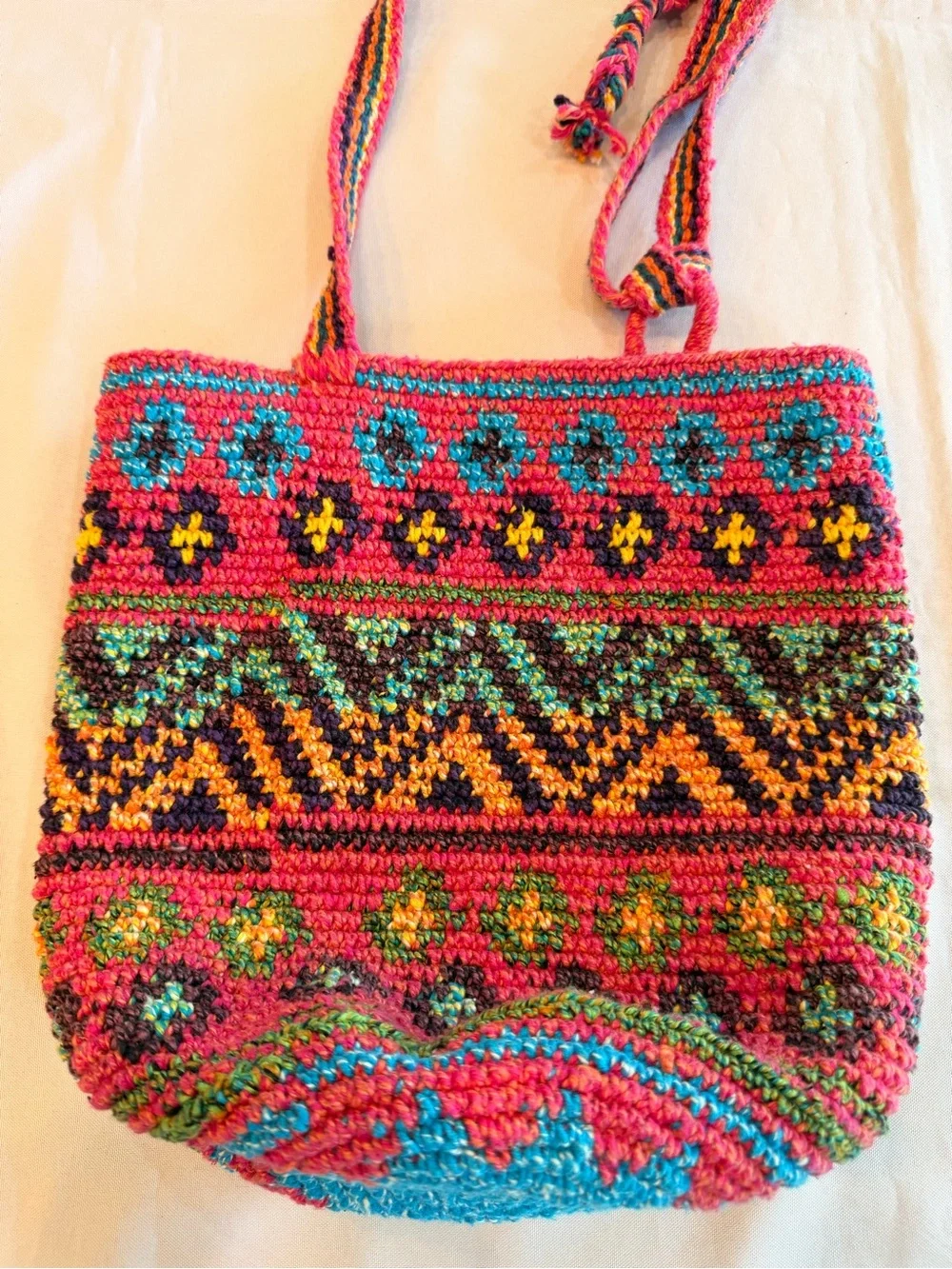 Beautiful Boho Multicolor Crochet Crossbody Bag -with Tassel Strap
